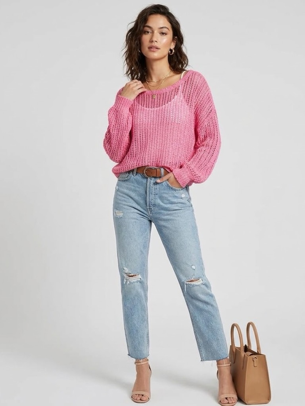 August Sky Anthro Womens Open Stitch Crewneck Sweater Small in Pink NWOT